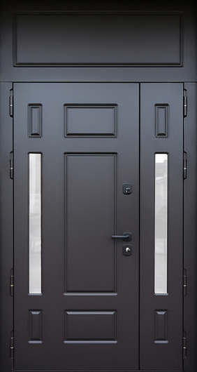 Стальная полуторная термодверь с глухой вставкой, узкими стеклами и панелями МДФ с фрезеровкой