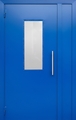Подъездная стальная дверь с боковой вставкой, стеклом, электромагнитным замком и синим порошковым покрытием