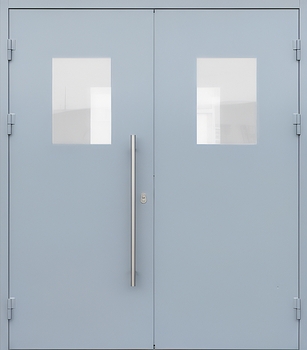 Двустворчатая остекленная дверь с ручкой-скобой и полимерным покрытием светло-серого цвета Двустворчатая остекленная дверь с ручкой-скобой и полимерным покрытием светло-серого цвета